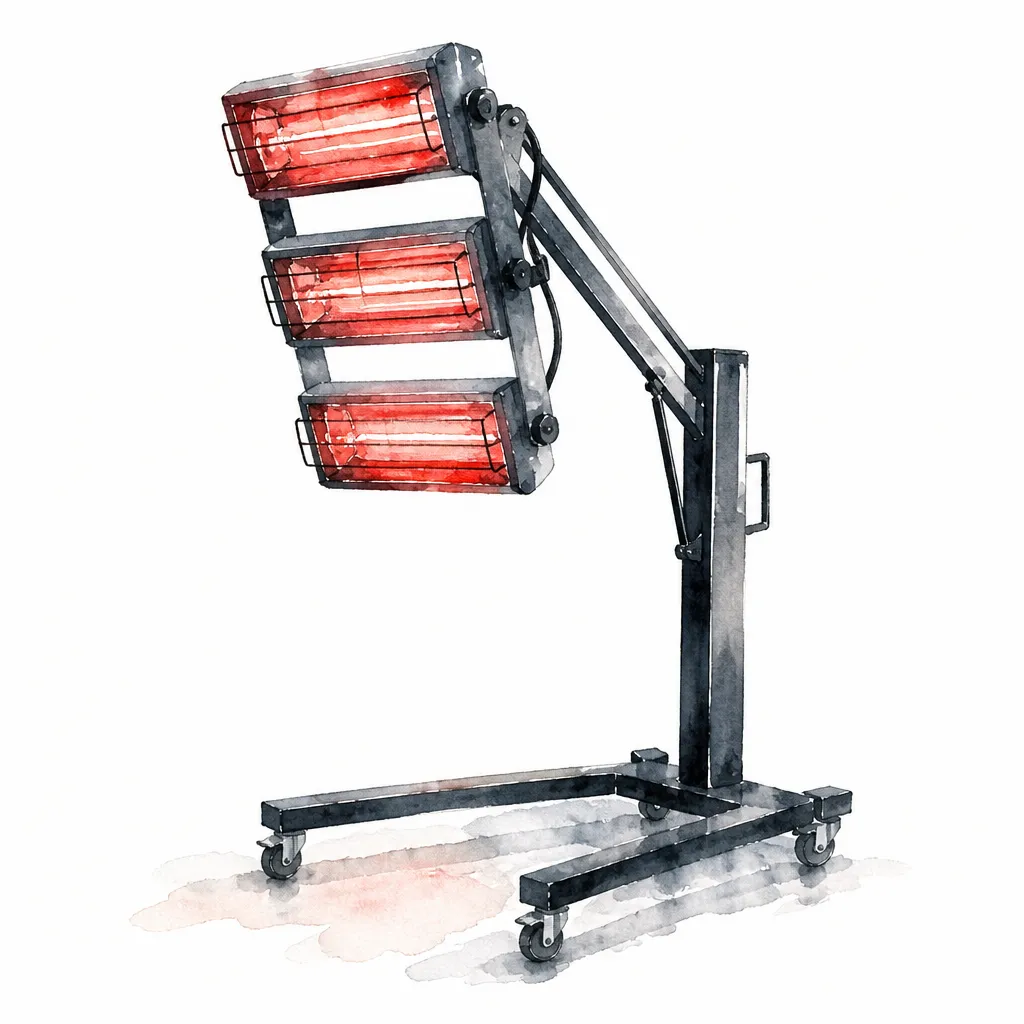 Watercolour close-up of an infrared curing lamp with angled heat panels.