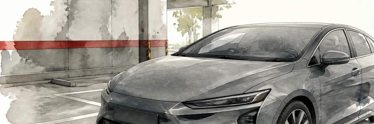 Watercolour close-up of dried paint specks fogging the glass and trim of a parked car.