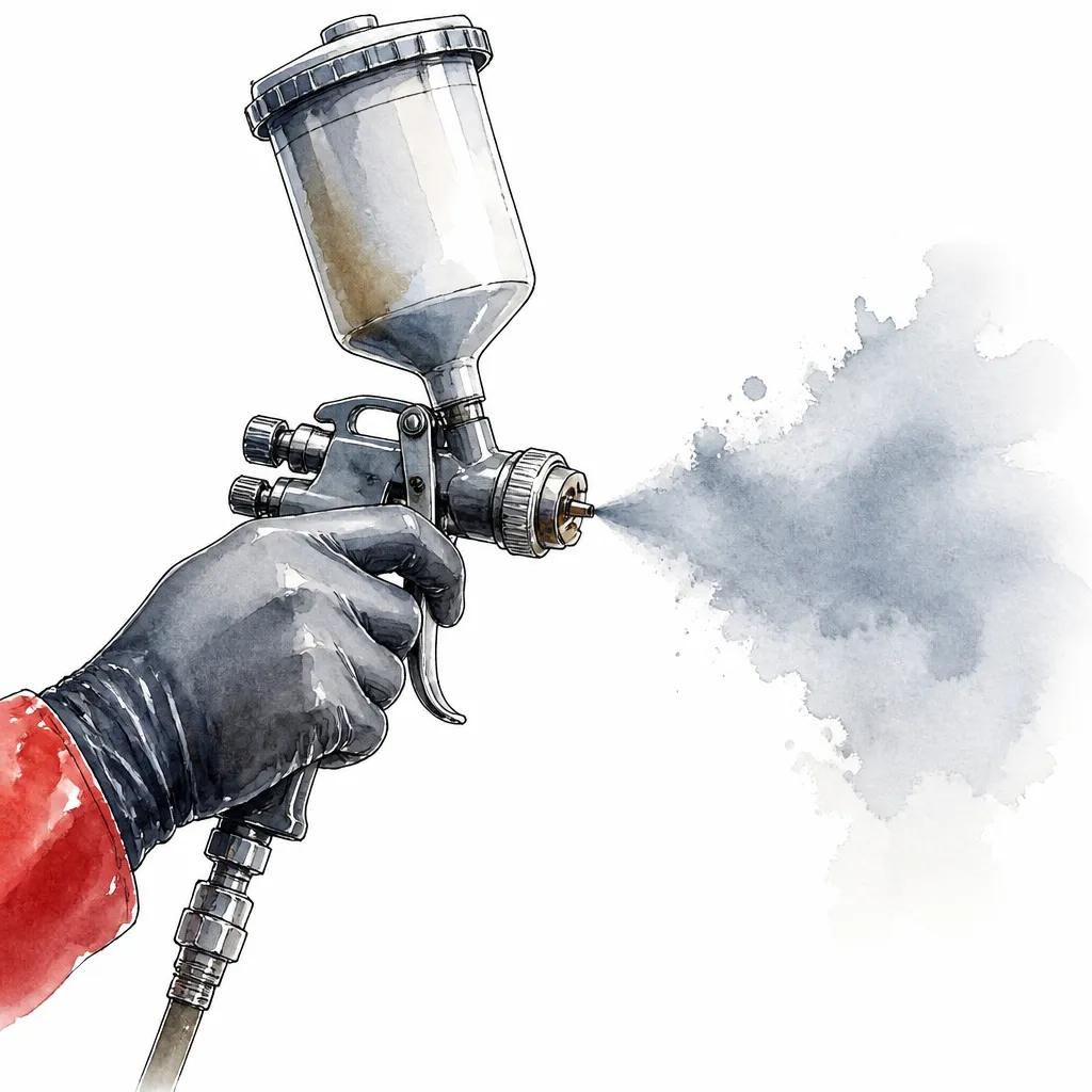 Watercolour close-up of a spray gun with a soft cloud of mist at its nozzle.