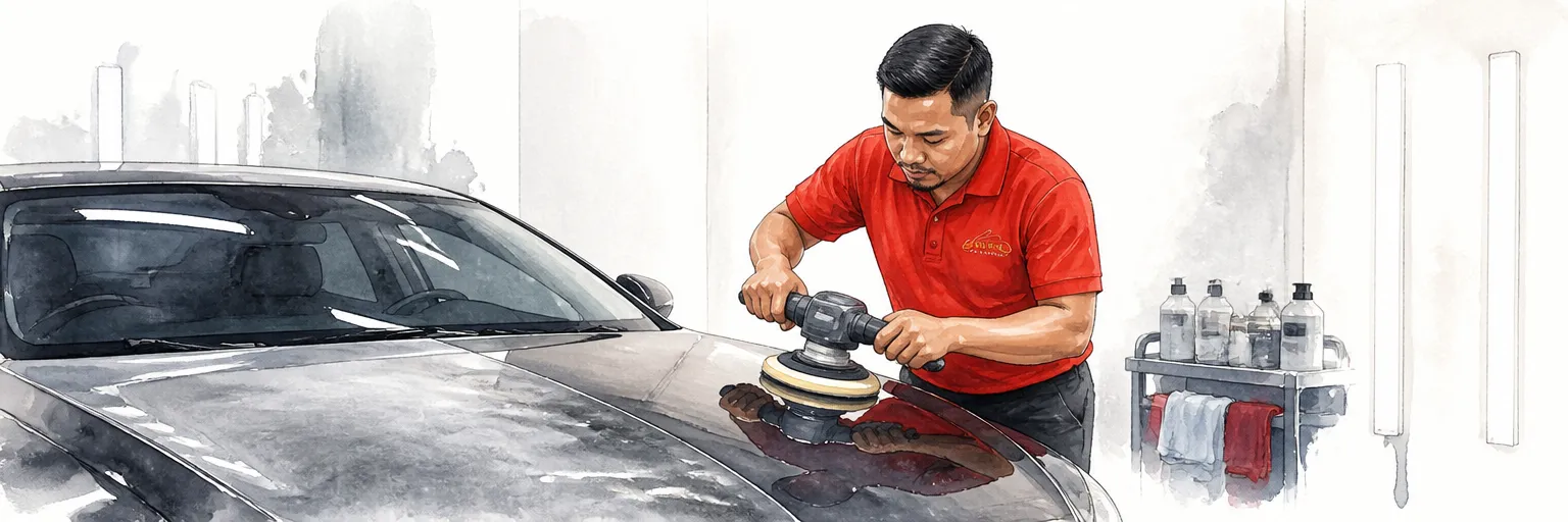 Watercolour illustration of a technician polishing gloss back into a faded chalky bonnet.