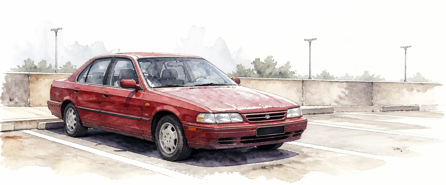 Watercolour illustration of a red saloon with a chalky faded roof and bonnet in a glaring open carpark.