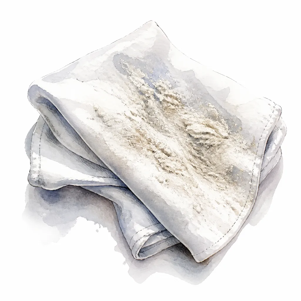 Watercolour close-up of a white cloth smudged with chalky residue from oxidised paint.