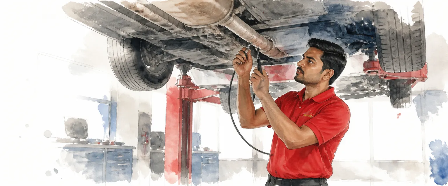 Watercolour illustration of a technician fitting an oxygen sensor into the exhaust of a car on a lift.