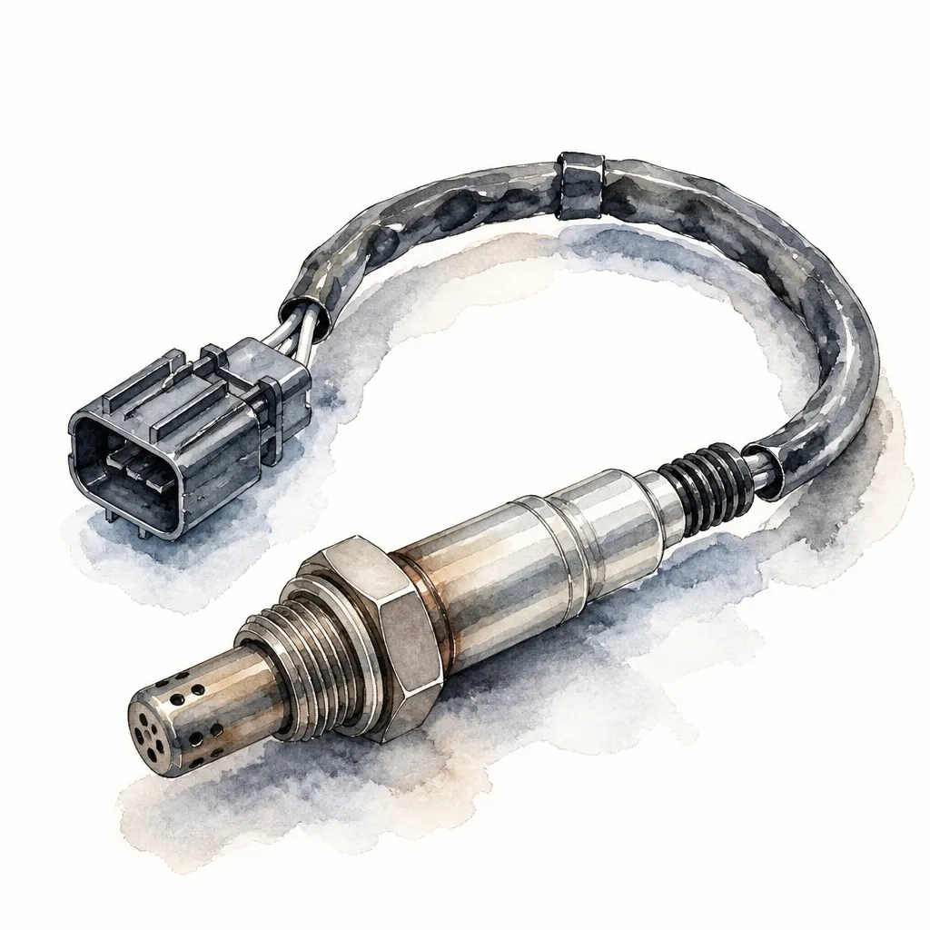 Watercolour close-up of a lambda oxygen sensor with its wiring pigtail.