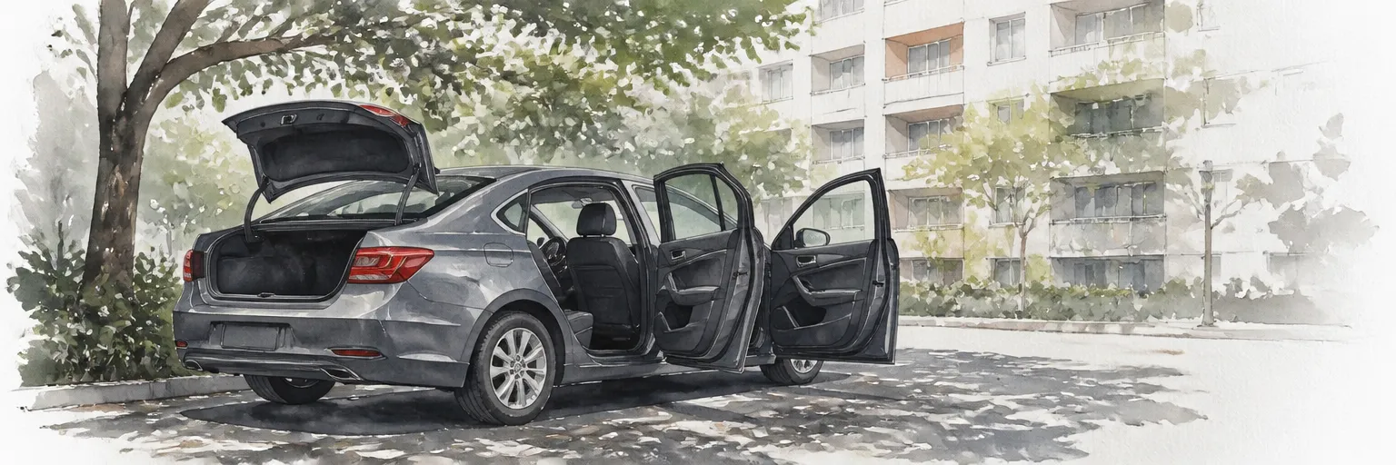 Watercolour illustration of a car in shade with all doors and boot open to air the cabin.
