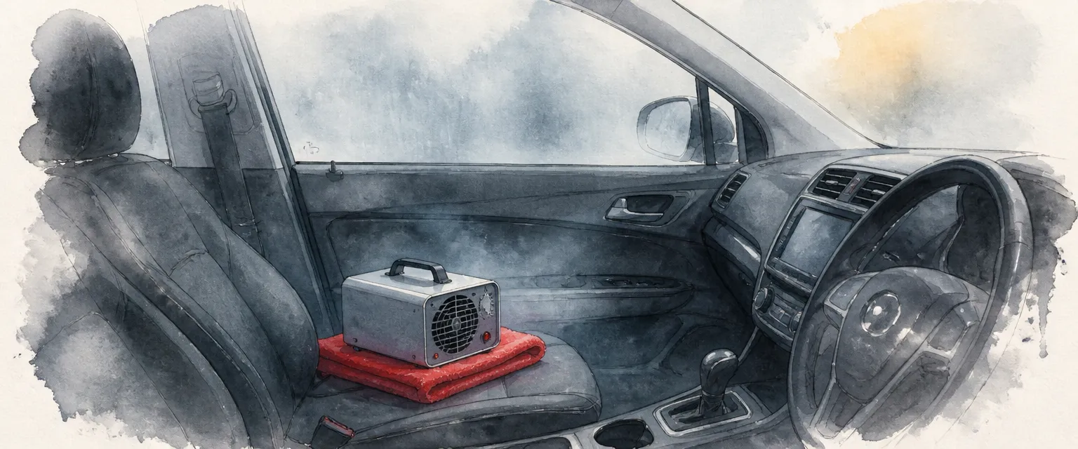 Watercolour illustration of an ozone generator on a car seat with a faint haze filling the closed cabin.