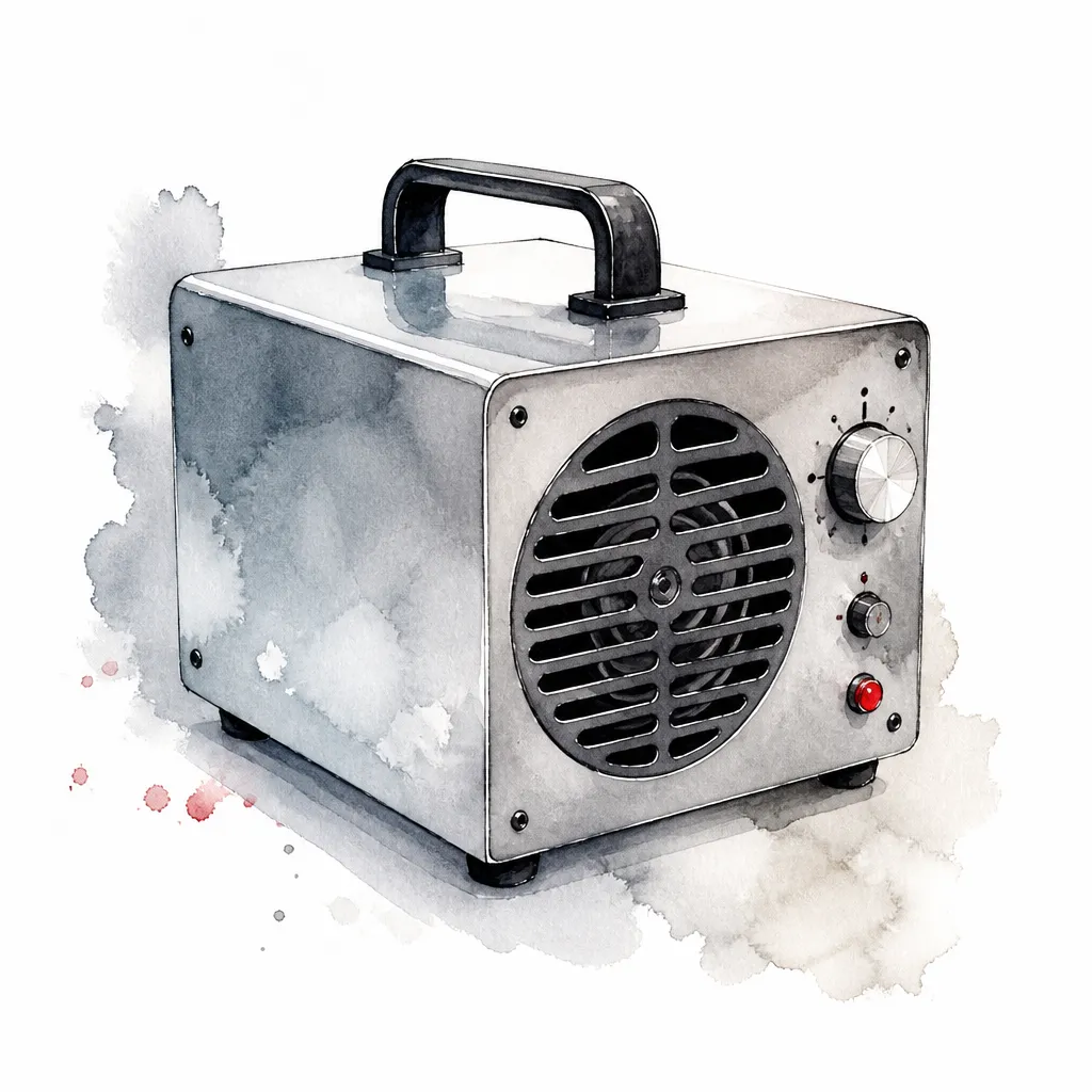 Watercolour close-up of a portable ozone generator with a round vent grille.