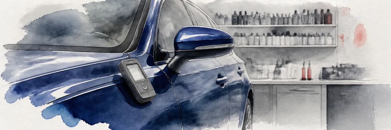 Watercolour illustration of a colour reading device resting on a car wing in a paint mixing room.