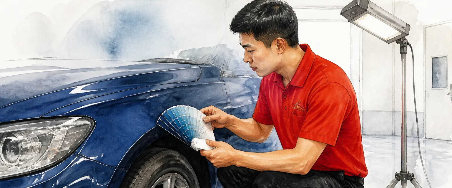 Watercolour illustration of a technician comparing colour swatch cards against a car wing under a lamp.