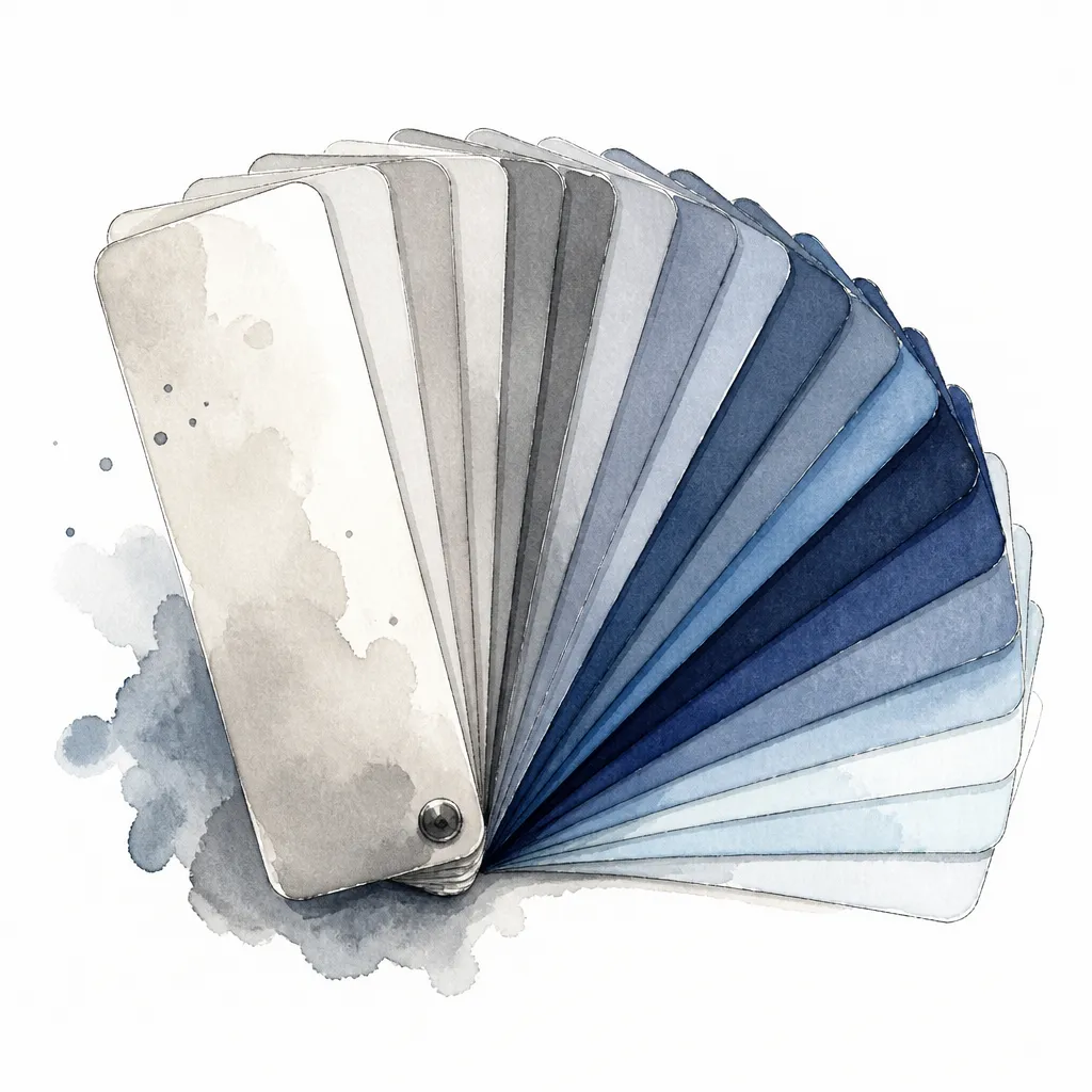 Watercolour close-up of a fanned deck of colour swatch cards in close shades.