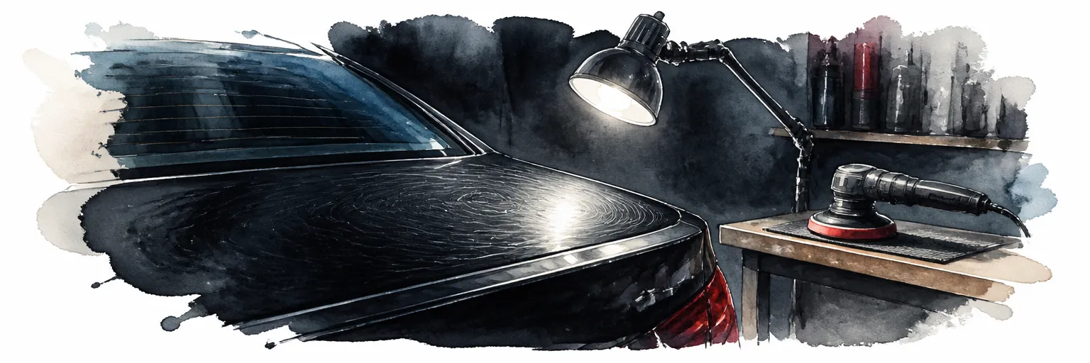 Watercolour illustration of swirl marks glowing under an inspection lamp on a black boot lid.