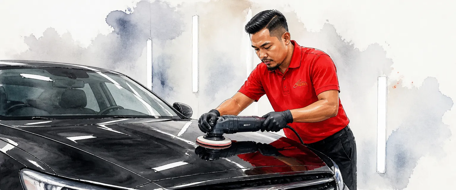 Watercolour illustration of a technician machine polishing a black bonnet to fresh gloss.