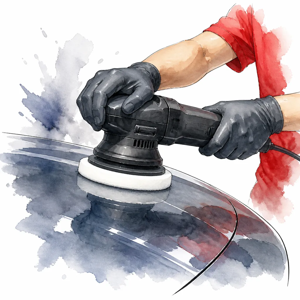Watercolour close-up of a machine polisher fitted with a white foam pad.