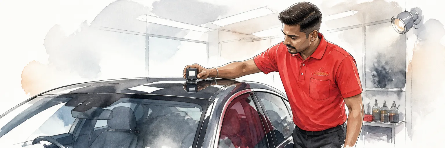 Watercolour illustration of a technician measuring paint depth on a car roof before polishing.