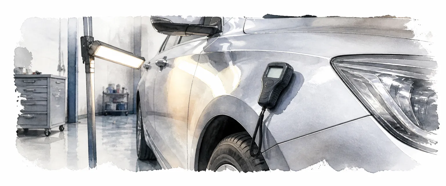 Watercolour illustration of a paint thickness gauge resting against the wing of a silver car.