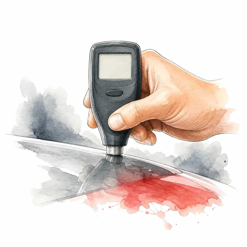 Watercolour close-up of a handheld paint depth gauge with a blank display.