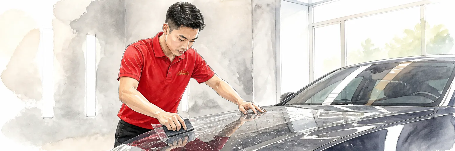 Watercolour illustration of a technician squeegeeing clear protection film onto a wet bonnet.