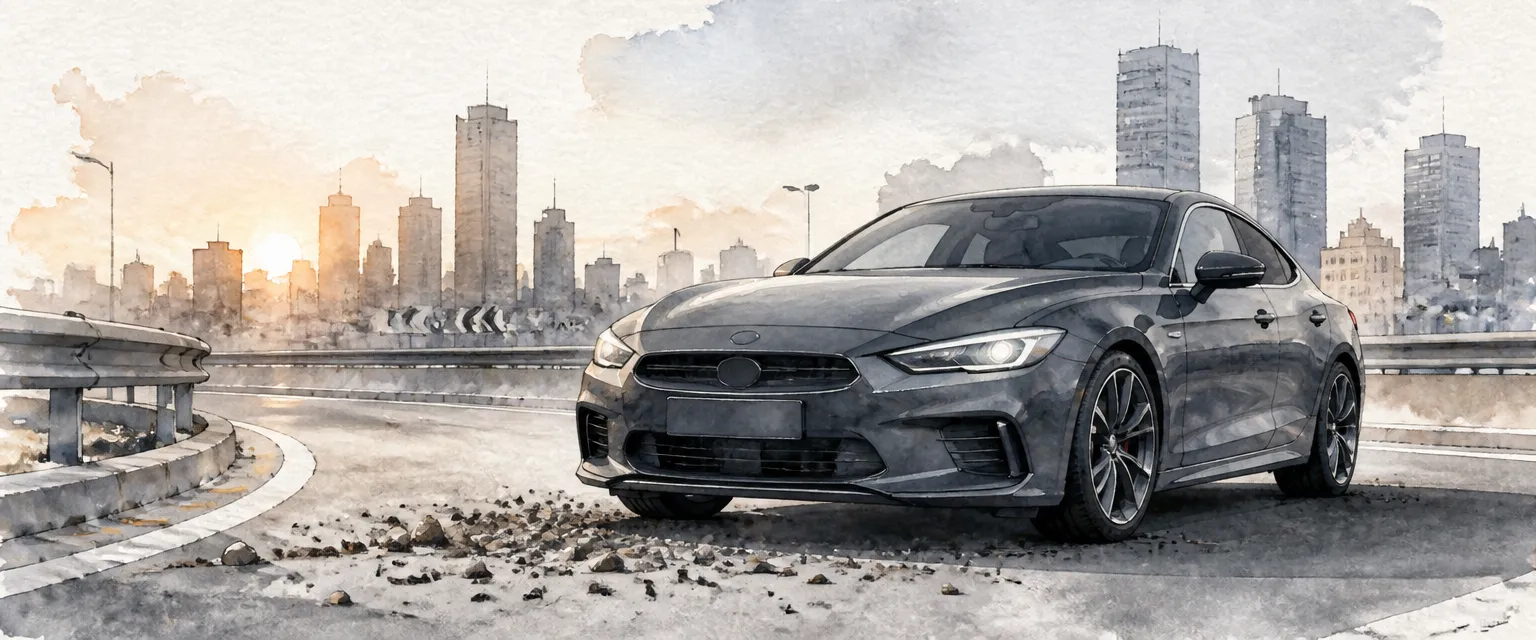 Watercolour illustration of a coupe on an expressway sliproad with loose stones scattered ahead of it.