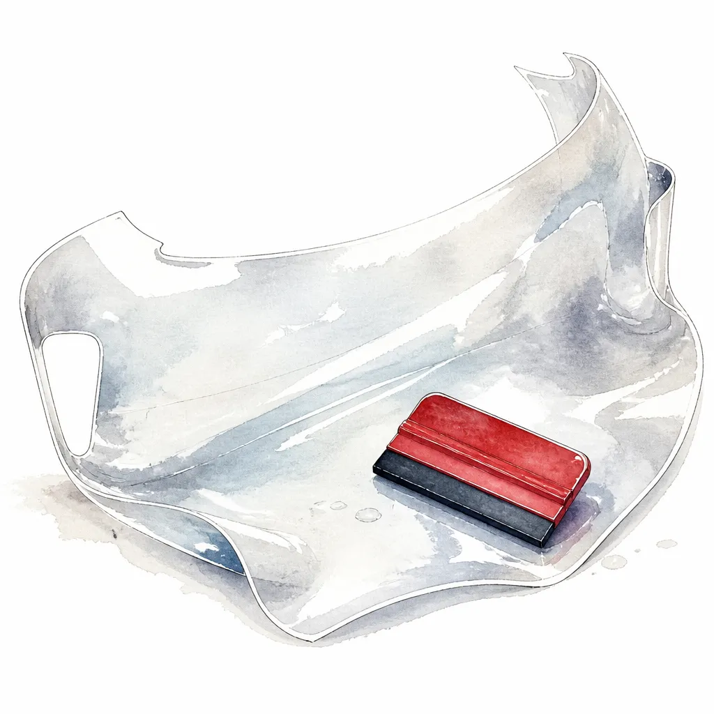Watercolour close-up of a clear film panel curled with a squeegee resting on it.