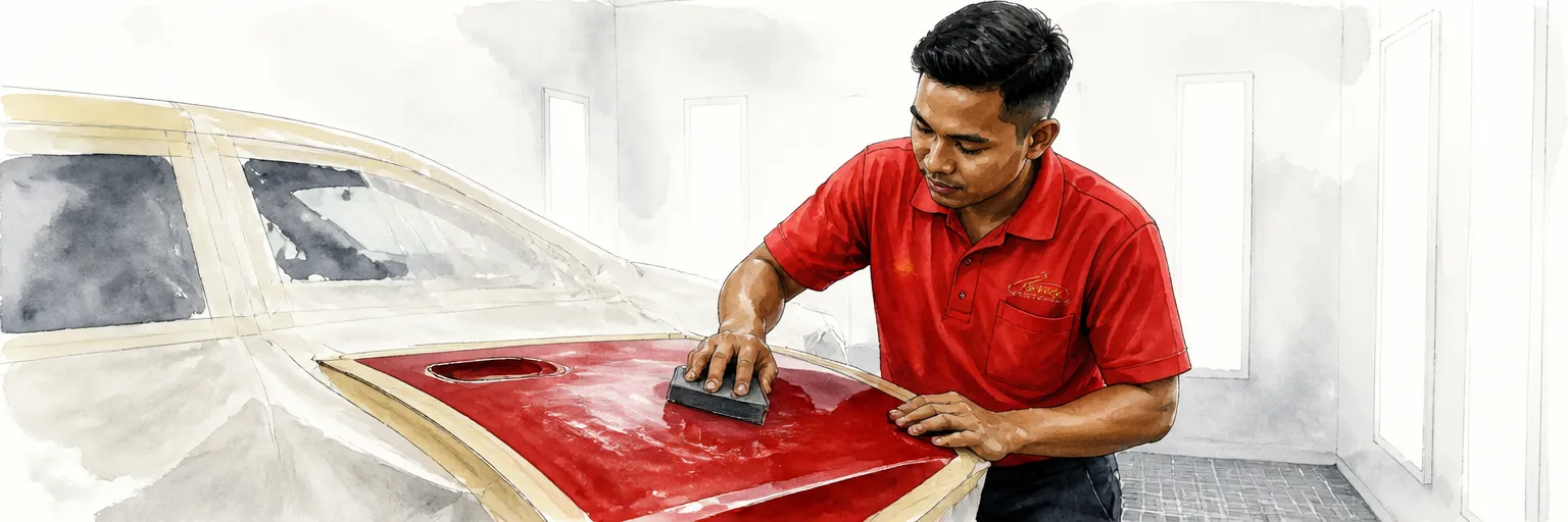Watercolour illustration of a technician wet sanding a cured paint drip flat on a door panel.