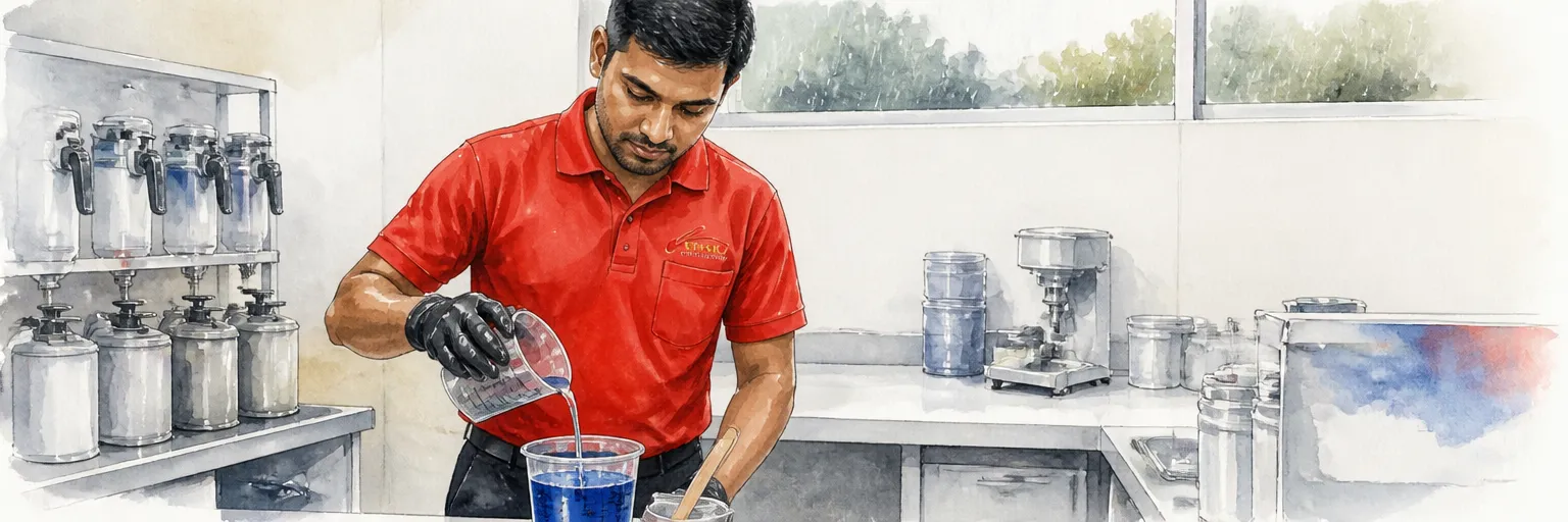 Watercolour illustration of a technician pouring reducer into a cup of blue paint in a mixing room.