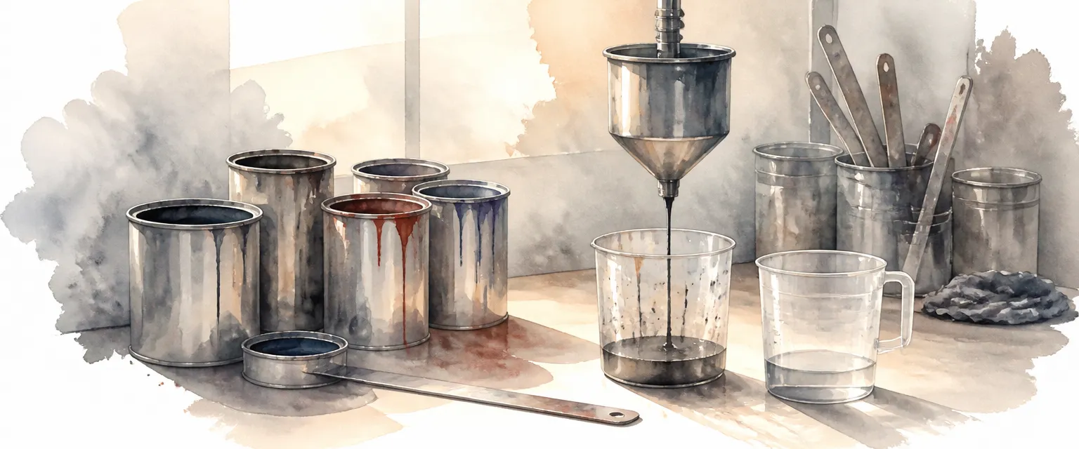 Watercolour illustration of a paint mixing bench with tins, a measuring cup, and a dripping flow cup.