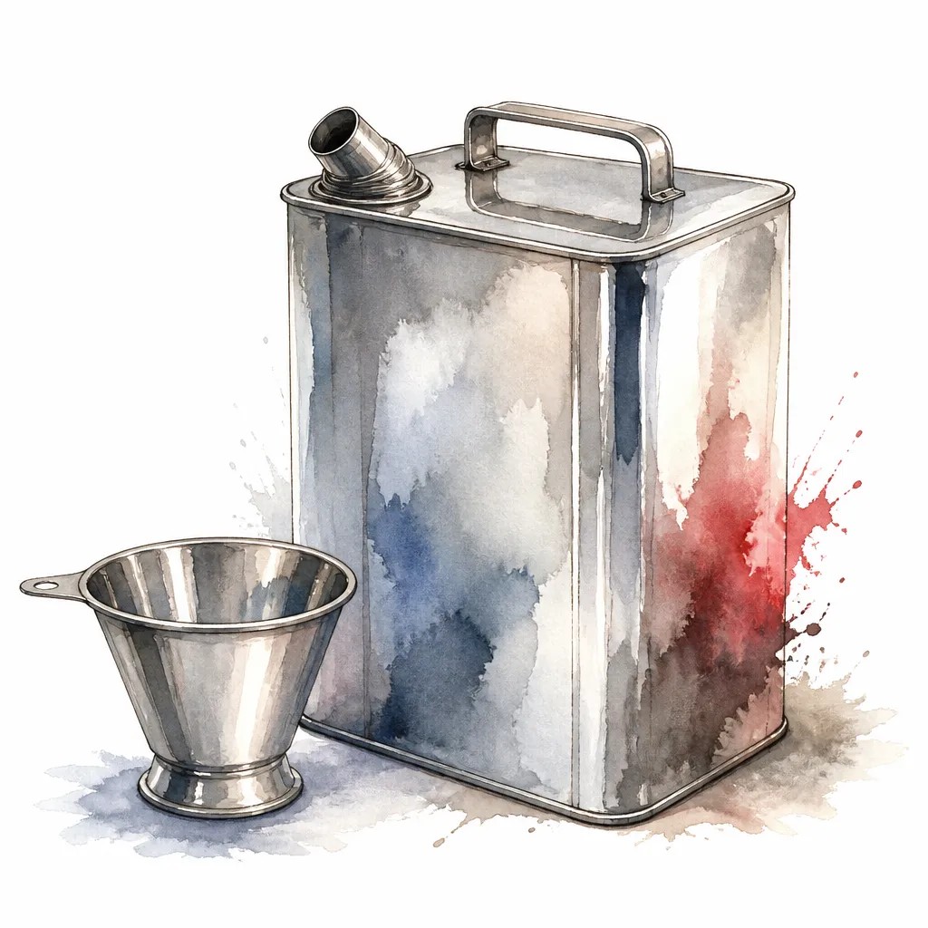 Watercolour close-up of a thinner tin beside a stainless flow cup.