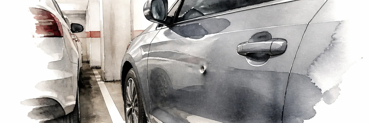 Watercolour illustration of two cars parked close in a carpark with a small door dent catching light.