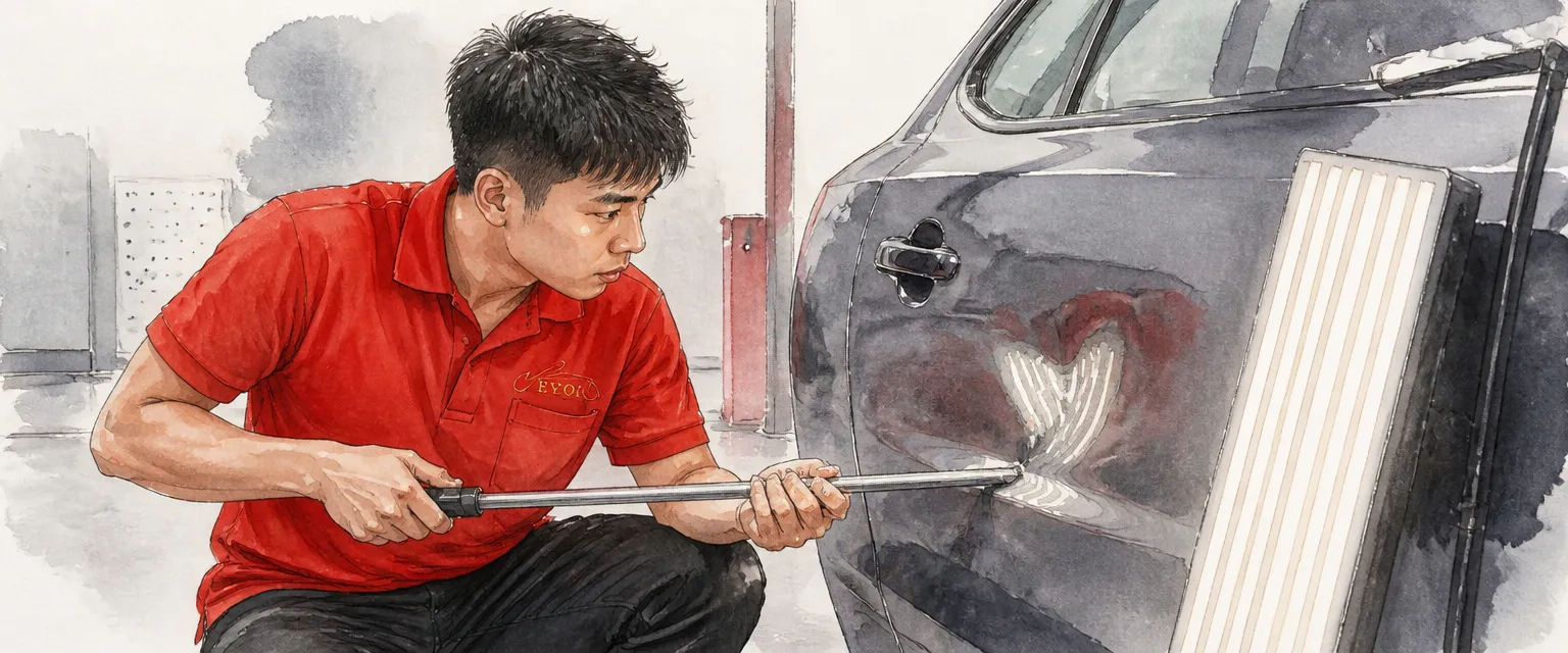 Watercolour illustration of a technician massaging a dent out from behind a door skin under a light board.