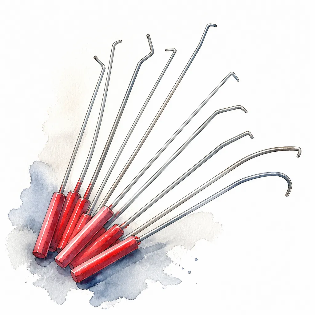 Watercolour close-up of a fan of slender dent removal rods with curved tips.