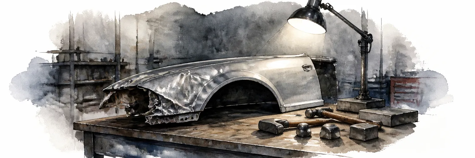 Watercolour illustration of a crumpled wing on a workbench beside hammers and dollies.
