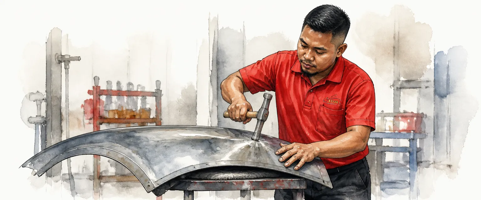 Watercolour illustration of a technician hammering a dented wing back into shape over a dolly.