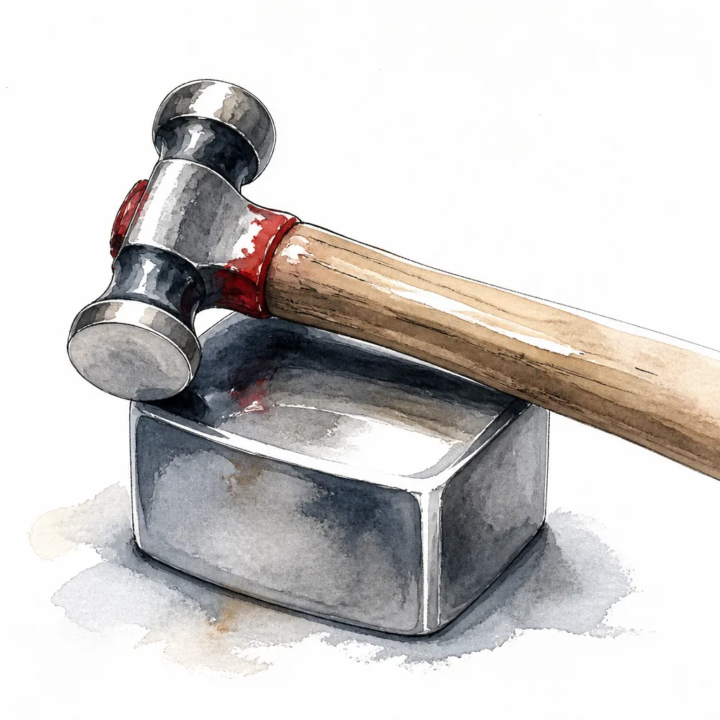 Watercolour close-up of a body hammer resting on a steel dolly block.