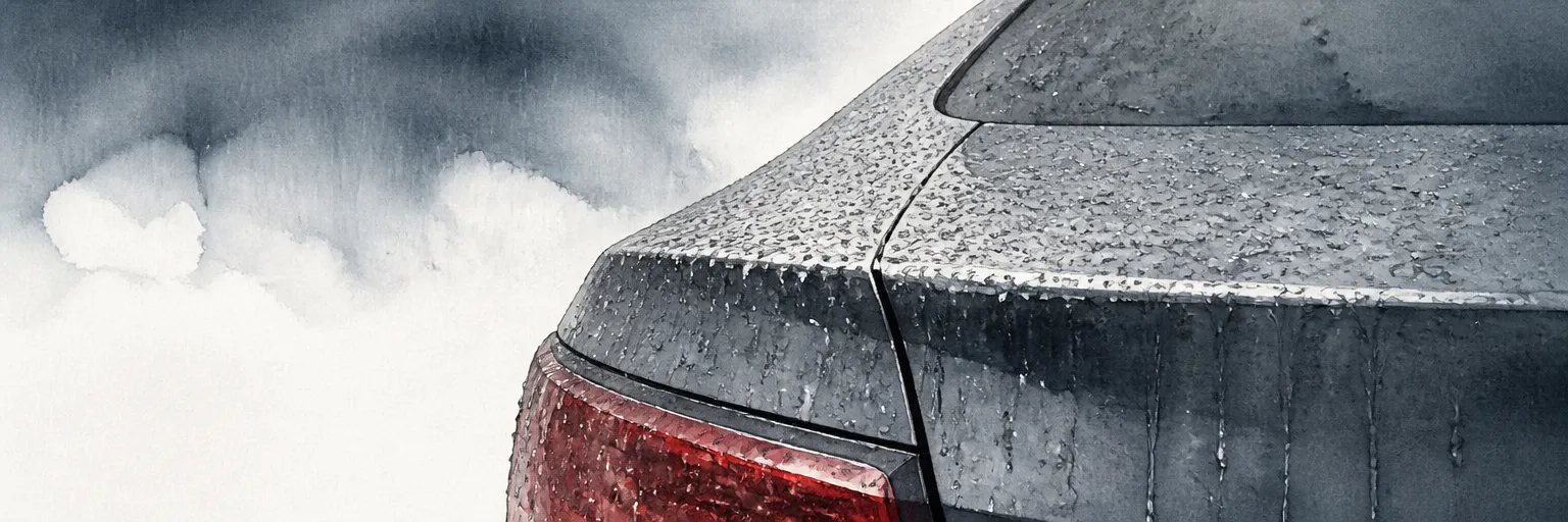Watercolour illustration of heavy rain streaming cleanly along the boot seam of a grey car.