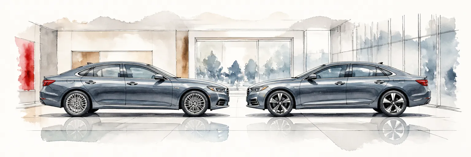 Watercolour illustration of two nearly identical saloons parked nose to nose under showroom lights.