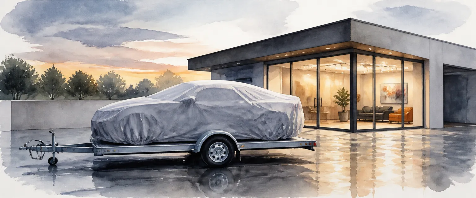 Watercolour illustration of a covered new car on a trailer outside an independent showroom at dusk.