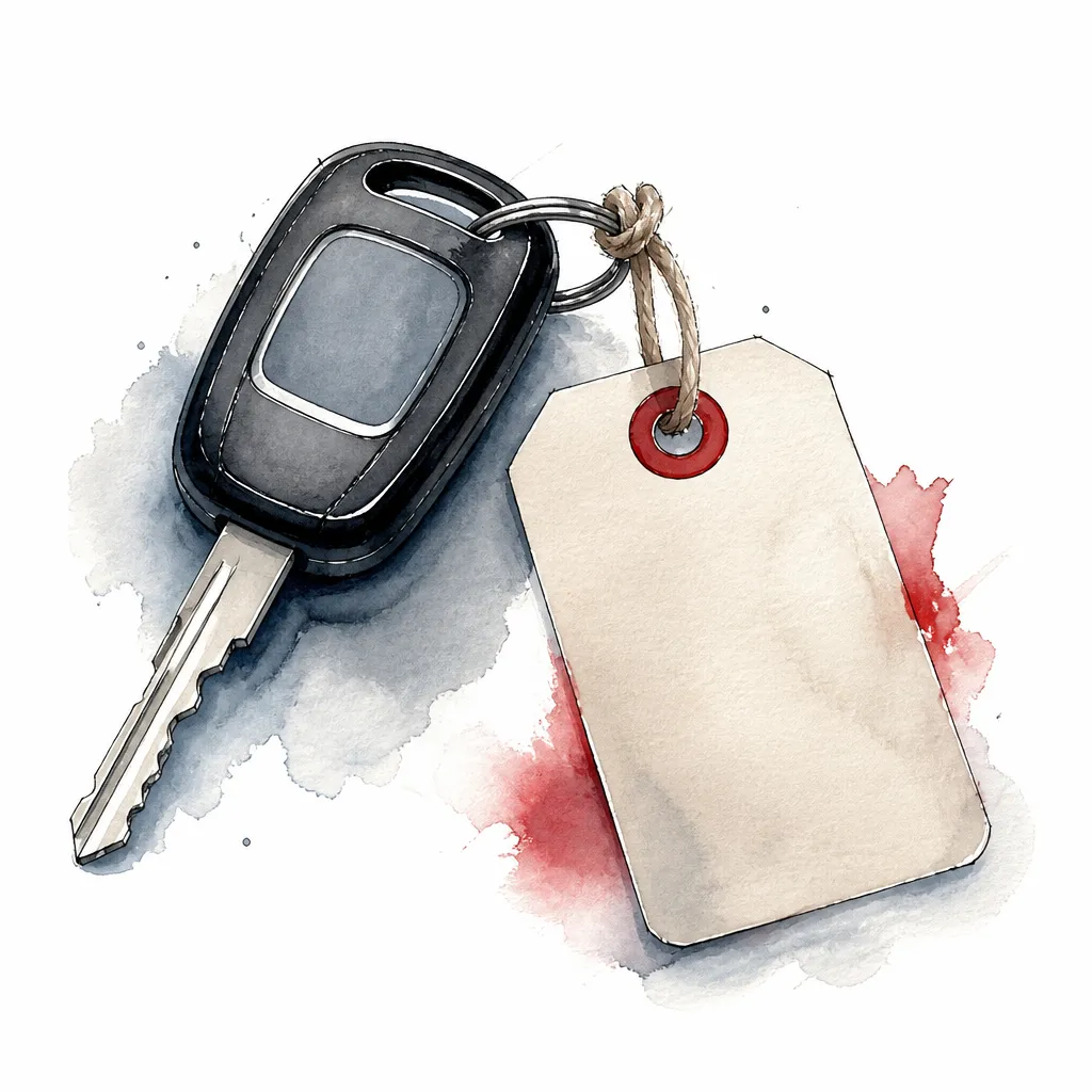 Watercolour close-up of a car key with a blank swing tag tied to it.