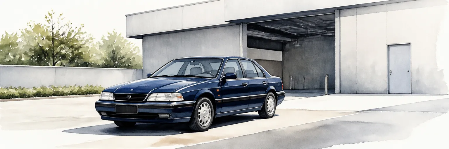 Watercolour illustration of an older immaculate saloon parked outside an inspection centre building.