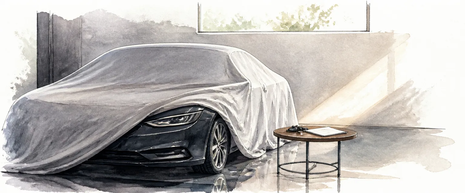 Watercolour illustration of a covered saloon in a garage beside a table holding keys and a document.