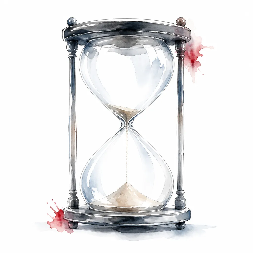 Watercolour close-up of an hourglass with the last of its sand running through.
