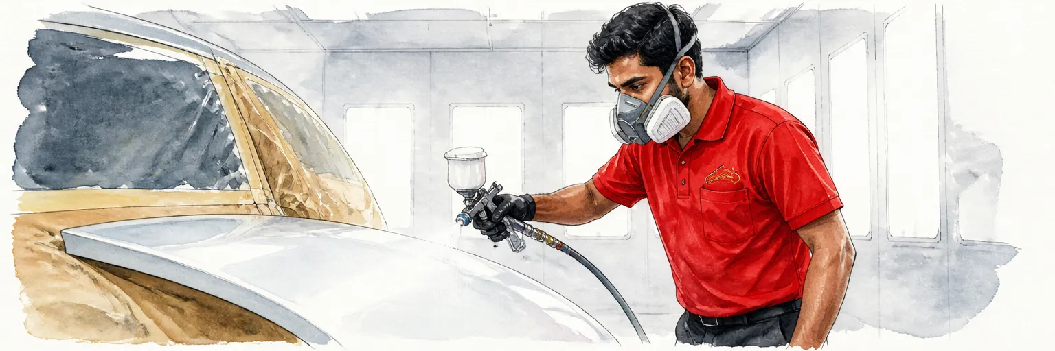 Watercolour illustration of a technician spraying a shimmering pearl coat over a white wing in a booth.