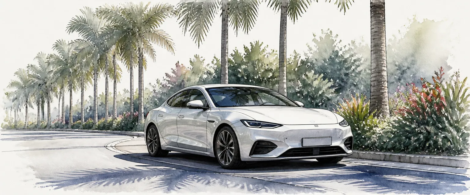 Watercolour illustration of a pearl white coupe whose colour shifts along its flanks in noon light.