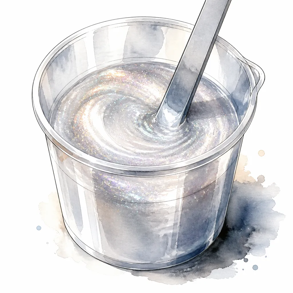 Watercolour close-up of a mixing cup of pearl paint with shimmering mica flakes.