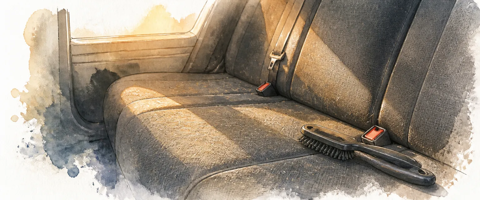 Watercolour illustration of a fabric back seat dusted with pet hair beside a rubber brush.
