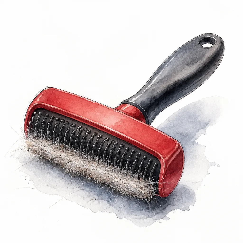 Watercolour close-up of a rubber pet hair brush with pale hair along its edge.