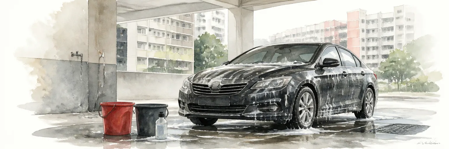 Watercolour illustration of wash buckets and shampoo beside a half washed saloon near HDB blocks.