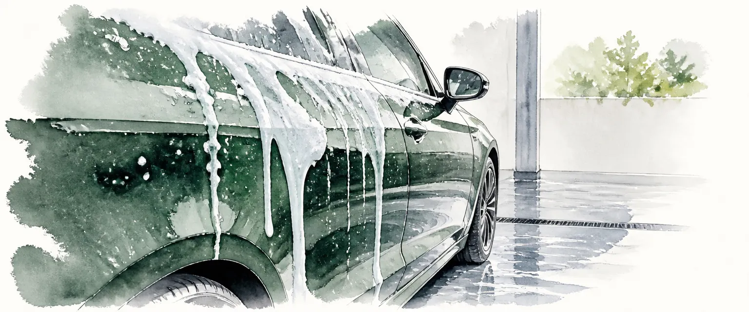 Watercolour illustration of thick foam sliding down the glossy flank of a coated car in a wash bay.