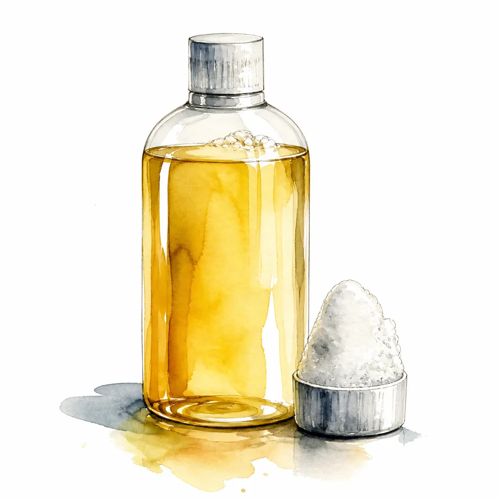 Watercolour close-up of a bottle of shampoo concentrate with a cap of thick foam.