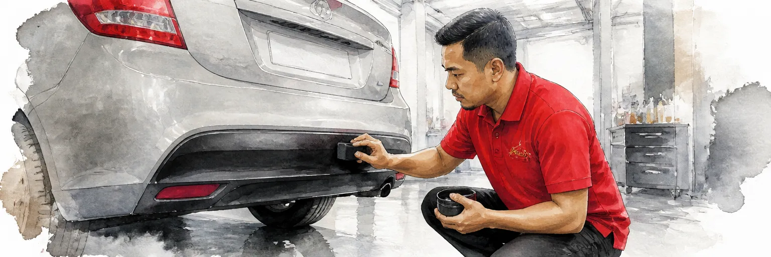 Watercolour illustration of a technician working trim restorer into a faded bumper insert.