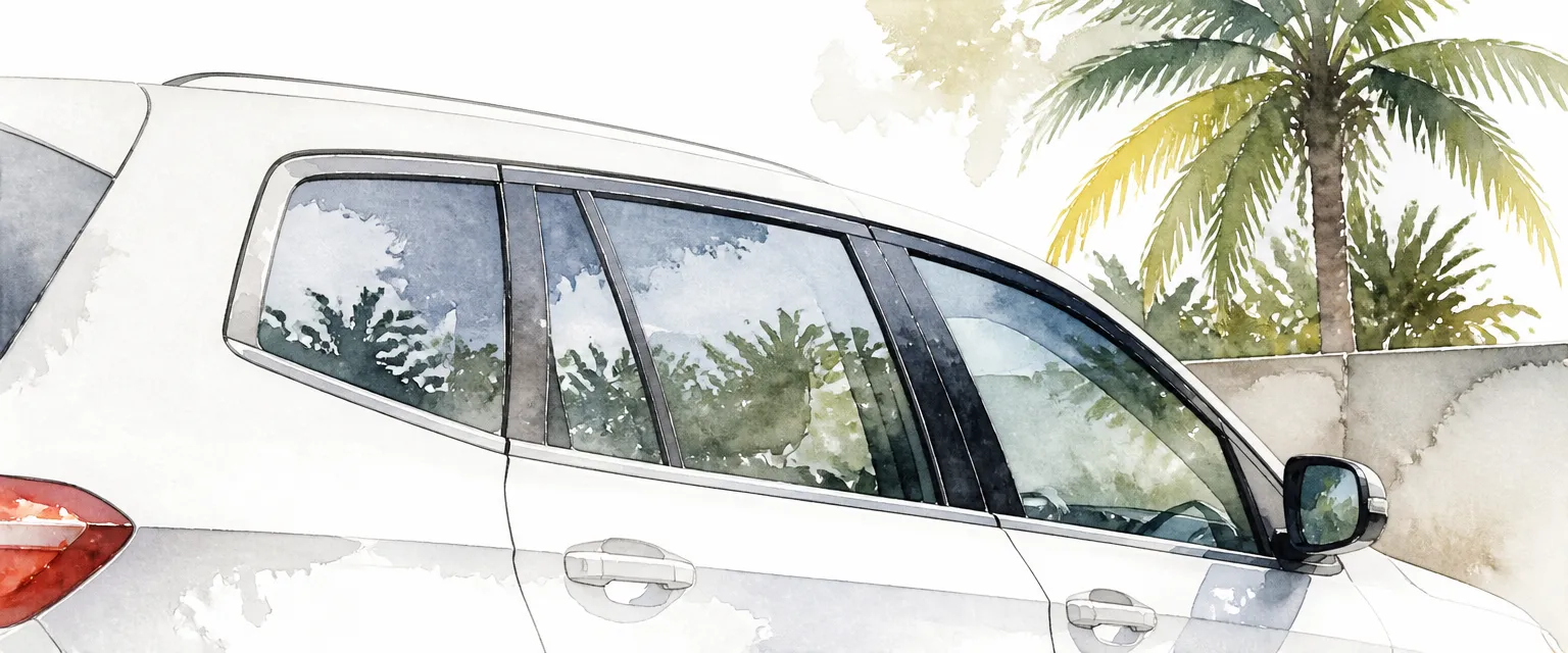 Watercolour illustration of window trim on a white SUV fading from grey to restored black along the car.